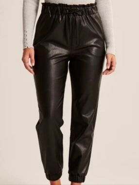 Abercrombie & Fitch Black Faux Leather Joggers with Paperbag Waist, Size XL